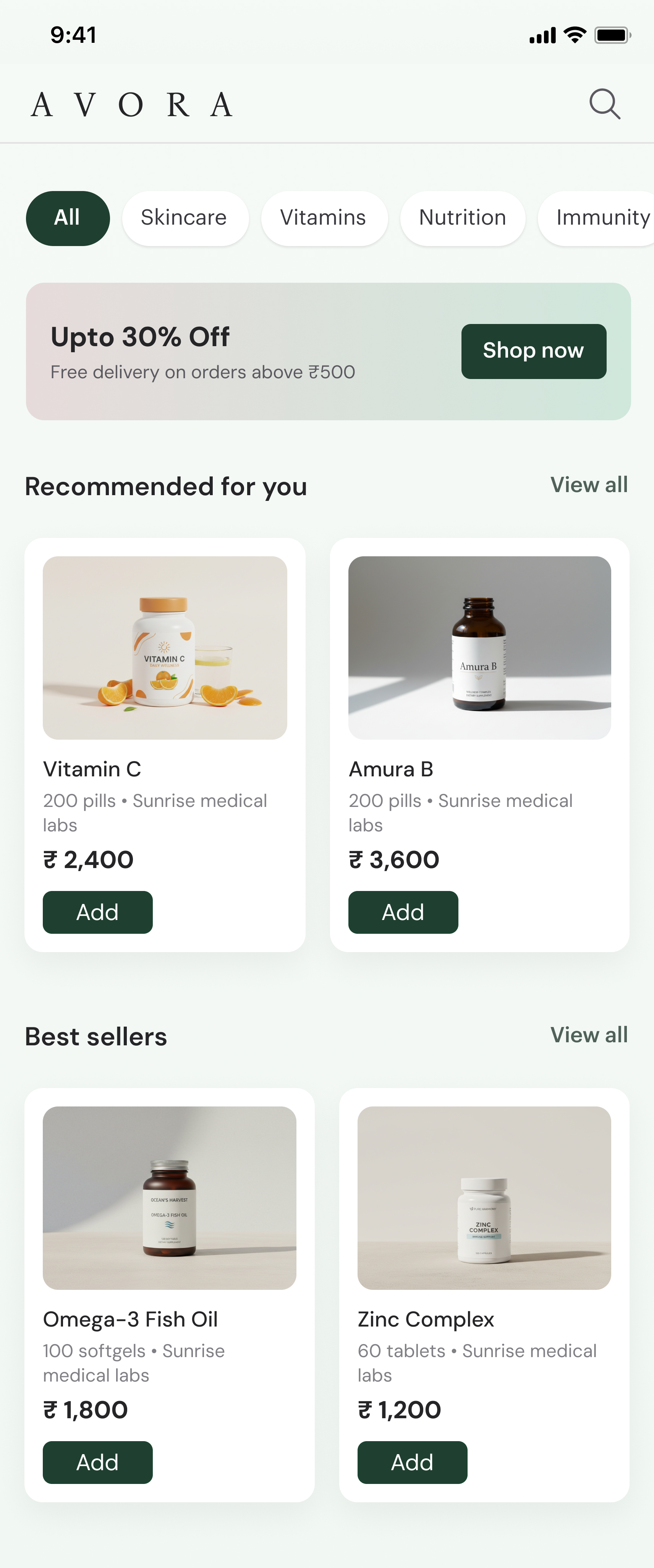Amura store front with recommended products and best sellers