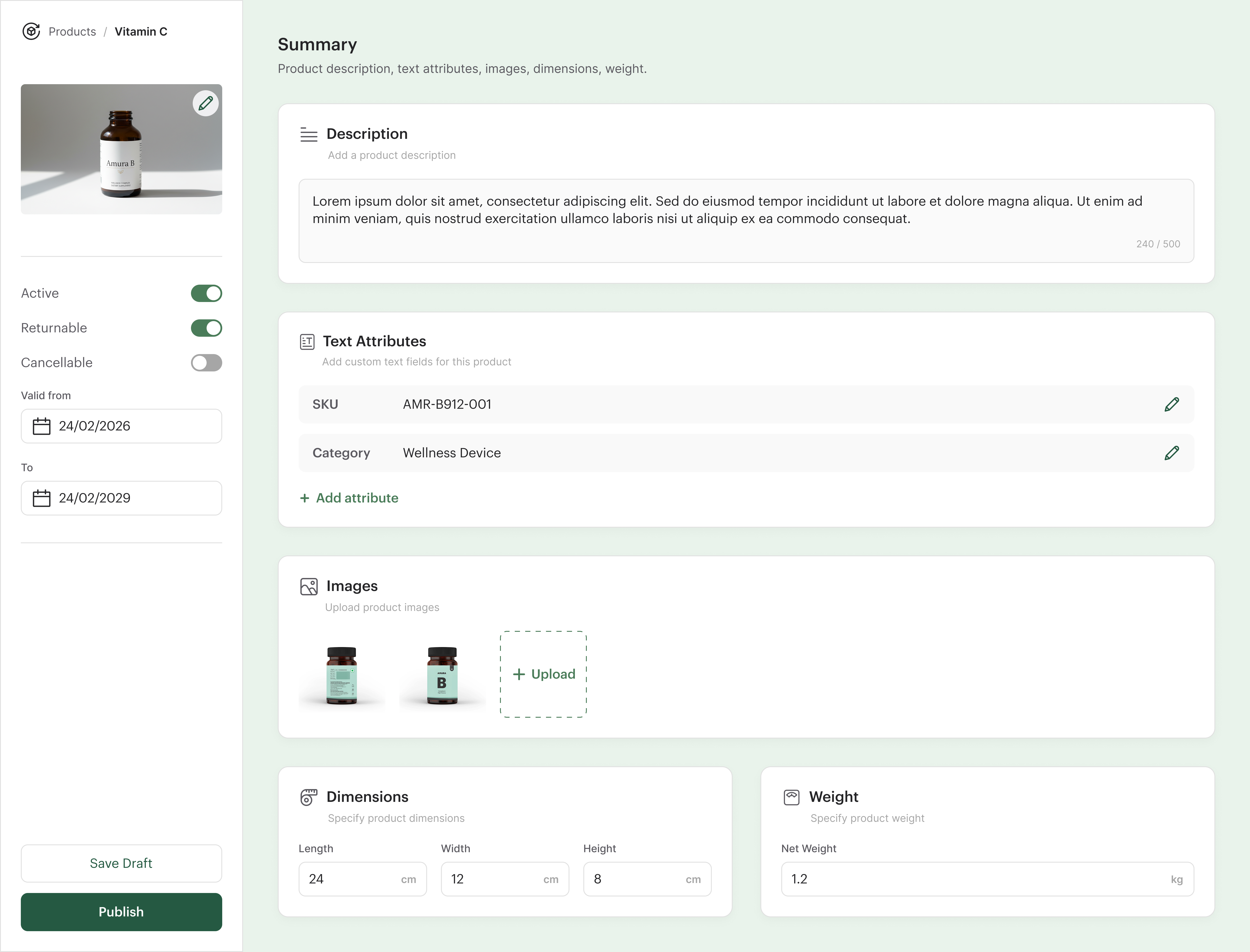 Product configuration — description, attributes, images, dimensions, and weight
