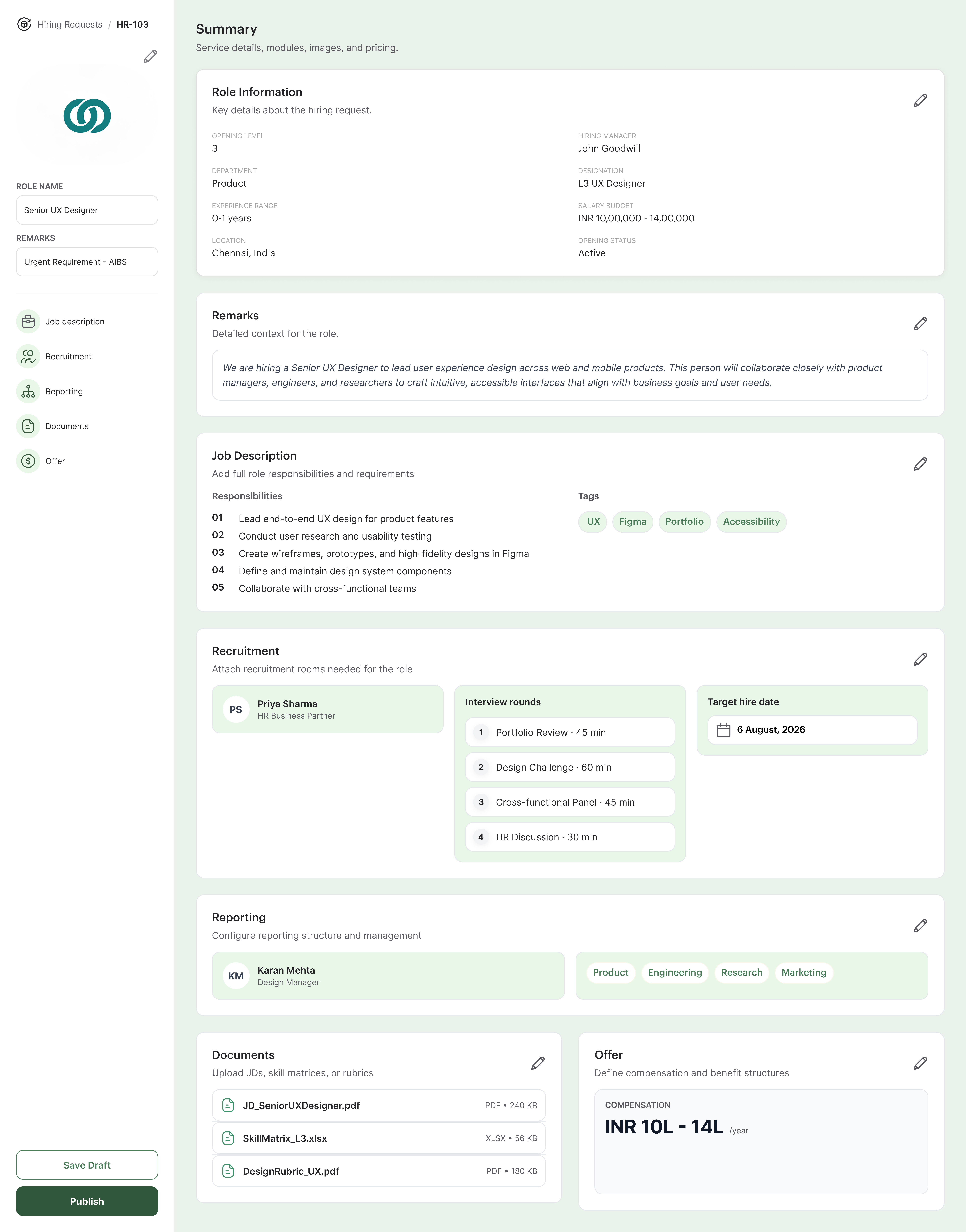 Hiring request form — role information